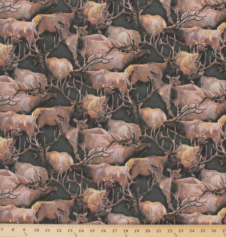 Elk Deer Wildlife Animals Hunting Green Cotton Fabric Print by the Yard D782.43