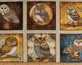 23.5" X 44" Panel Owls Birds Animals Great Horned Owl Barn Owl Squares Where the Wise Things Are Cotton Fabric Panel (1649-26527-E) D481.29