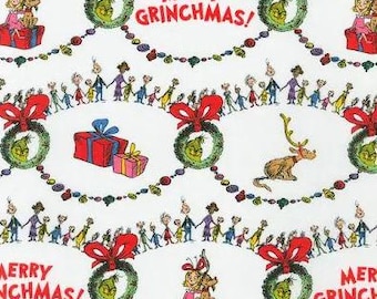 Cotton Grinch Whoville Officially Licensed by Robert Kaufman Dr. Seuss Characters Christmas Kids White Cotton Fabric Print by Yard (D415.51)