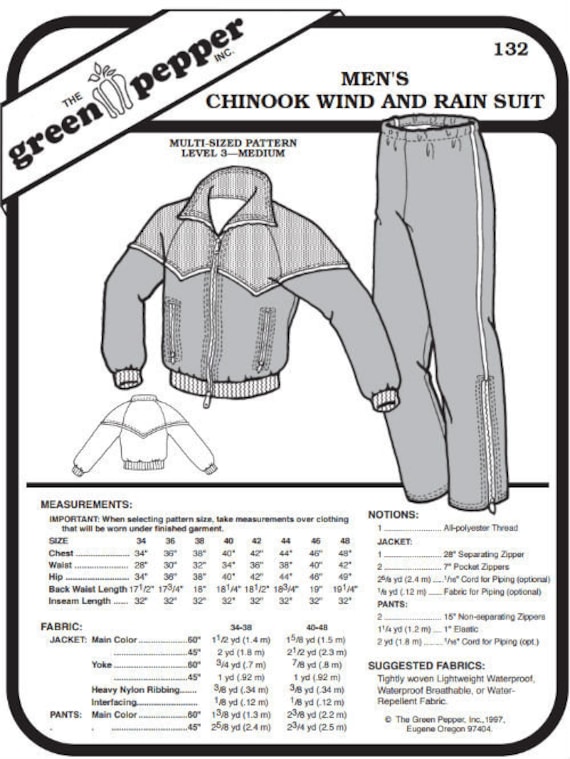 Men’s Chinook Wind & Rain Suit Pattern - 132 - The Green Pepper Patterns Men’s Chinook Wind & Rain Suit Pattern - 132 - The Green Pepper Patterns