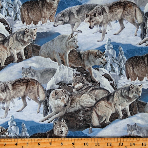 Cotton Wolves Wolf Scenic Animals Wildlife Winter Gathering Cotton Fabric Print by the Yard (DP25527-34) D585.56