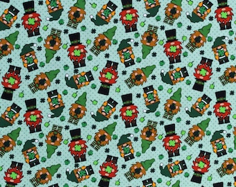 Cotton St. Patrick's Day Gnomes Shamrocks Clovers Irish Lucky Green Cotton Fabric Print by the Yard (120954) D563.65