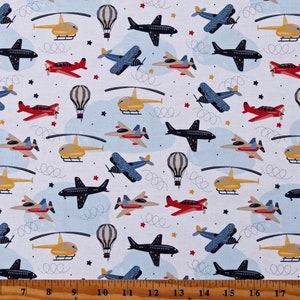 Cotton Airplanes Hot Air Balloons Biplanes Jets Helicopters Clouds Multicolor on White Cotton Fabric Print by the Yard (112866) D679.77