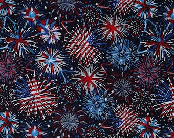 Cotton USA Patriotic Fireworks 4th of July Independence Day Holiday Flag Blue Cotton Fabric Print by the Yard (GAIL-CD2222-USA) D302.68