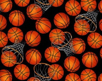 Cotton Basketballs Hoops Allover on Black Cotton Fabric Print by the yard (gm-c5814-black) D662.08