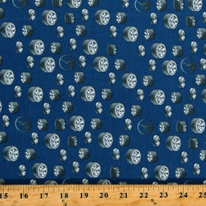 Cotton Hot Wheels Classic Wheels Tires on Blue Mechanic Cotton Fabric Print by the Yard (C11483-BLUE) D602.24