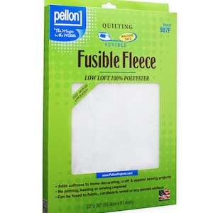 May include: A green and white Pellon Fusible Fleece package. The package features the text "Fusible Fleece" and "Low Loft 100% Polyester". The fleece measures 55.9cm x 91.4cm.