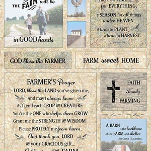 May include: A collage of images and text with a farm theme. Includes a photo of a father and child, a windmill, a house, and text that reads "The Farm will be in Good Hands" and "God Bless the Farmer."