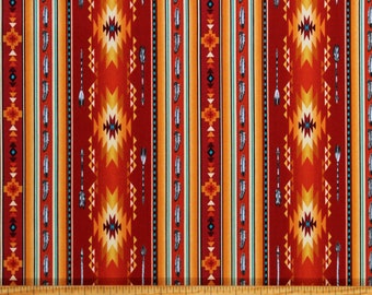 Op de afbeelding: Rode, oranje en gele stof met een herhalend patroon van geometrische vormen en pijlen. De stof heeft een zuidwestelijk ontwerp.
