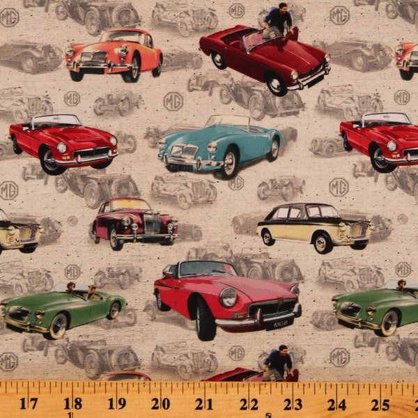 Cotton Classic Cars MG British Motor Cars Sports Cars Allover Gray Cotton Fabric Print by the Yard (DDC9150-CREM-D) D375.48