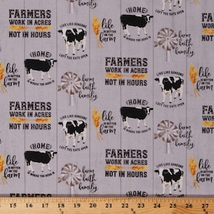 Cotton Farming Quotes Farmers Agriculture Cows Farmhouse Homestead Life Tara Reed Gray Cotton Fabric Print by the Yard (C9450-Gray) D571.75