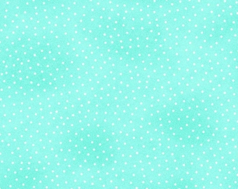 May include: A seamless pattern featuring a light turquoise background with evenly spaced white polka dots. The dots are small and uniformly sized, creating a classic and playful design. This fabric is suitable for various craft and sewing projects.