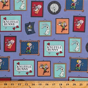 Cotton Knuffle Bunny Frames Pictures Trixie Mo Willems Kids Book Purple Organic Cotton Fabric Print by the Yard D472.23 by Cloud 9 Fabrics