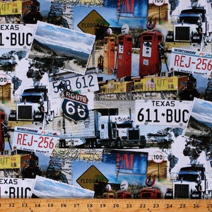 Cotton Road Signs Scenic Route 66 Travel Transportation Road Trip Trains License Plates Multi-Color Cotton Fabric Print by the Yard D470.59