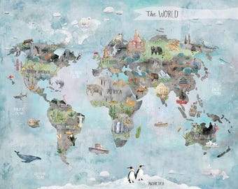 36" X 44" Panel Our World Map Continents Animals Buildings Watercolor Look Clothworks Multicolor Cotton Fabric Panel (Y4931-55) D683.05