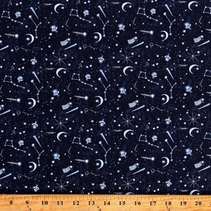 Cotton Constellations Shooting Stars Moons Starry Night Sky Fireflies Astronomy Rae Ritchie Dark Navy Fabric Print by the Yard D187.14