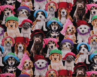 Cotton Dogs Puppies Animals Hats Winter Multicolor Cotton Fabric Print by the Yard (3801BLACK) D758.51