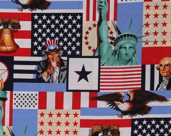 May include: A colorful fabric featuring a patriotic theme with images of the Statue of Liberty, the Liberty Bell, bald eagles, and Uncle Sam. The fabric is a patchwork of red, white, and blue stars and stripes.