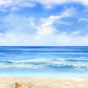 May include: A serene beach scene with a bright blue sky filled with fluffy white clouds. The ocean waves gently roll onto the sandy shore, where various seashells and starfish are scattered, creating a coastal theme.