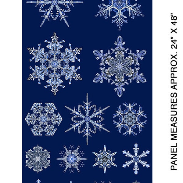 24" X 44" Panel Winter Snowflakes Ice Crystals Blue Cotton Fabric Panel (6891M-55) D381.41