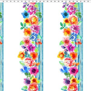 May include: Watercolor floral fabric with vertical stripes. The design features vibrant blooms in shades of pink, orange, blue, and purple, set against a white background. Thin, light blue stripes run vertically, creating a striped pattern.