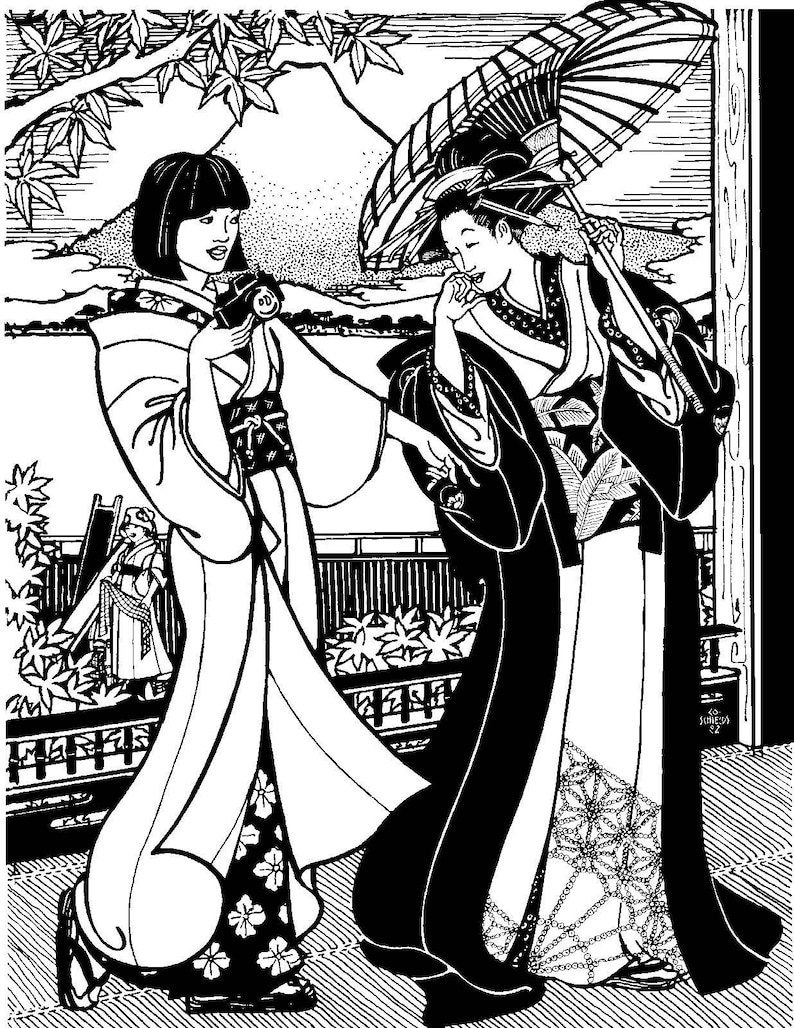 May include: Two women in traditional Japanese clothing, one holding a parasol and the other holding a fan, stand in a garden setting. The woman with the parasol is wearing a black and white kimono with a floral pattern, while the woman with the fan is wearing a white kimono with a floral pattern.