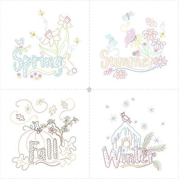 24" X 44" Panel Quilt Doodle Designs Season Sampler Spring Summer Fall Winter Coloring Cotton Fabric Panel (R190134D-CREAM) D514.47