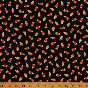 Cotton Candy Corn Halloween Pumpkins Spooky Night Black Cotton Fabric Print by the Yard (5721-99) D515.29