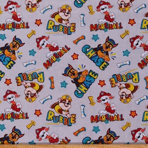 Cotton Paw Patrol Chase, Marshall, & Rubble Dogs Puppies Kids Children&#39;s Gray Cotton Fabric Print by the Yard D684.65 by David Textiles