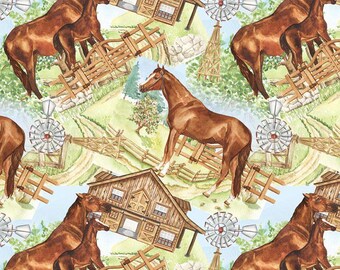 Cotton Farm Horse Horses Farms Barns Fences Windmills David Textiles Multicolor Cotton Fabric Print by the Yard (DX-4070-4C) D367.76