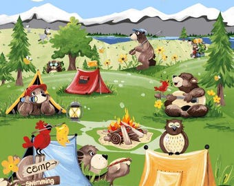 36" X 44" Panel Barron Goes Camping Bears Animals Tenting Fishing Nature Clothworks Green Cotton Fabric Panel D689.96