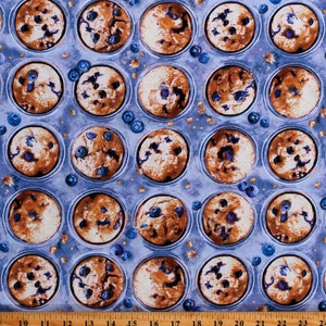Cotton Blueberry Muffins Muffin Tin Food Breakfast Snacks Kitchen Blueberries Blueberry Hill Cotton Fabric Print by the Yard D569.73