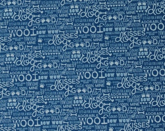 Cotton Dogs Animals Puppies Types Kinds Bones Description Words Kisses Walks Blue Cotton Fabric Print by the Yard (C11402BLUE) D473.37