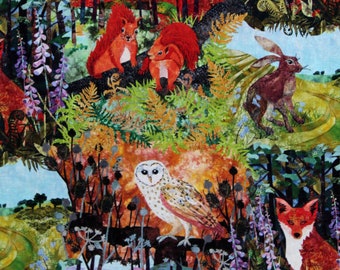Cotton Woodland Animals Foxes Squirrels Owls Hares Forest Down in the Woods Digital Cotton Fabric Print by the Yard (1508-66) D778.86