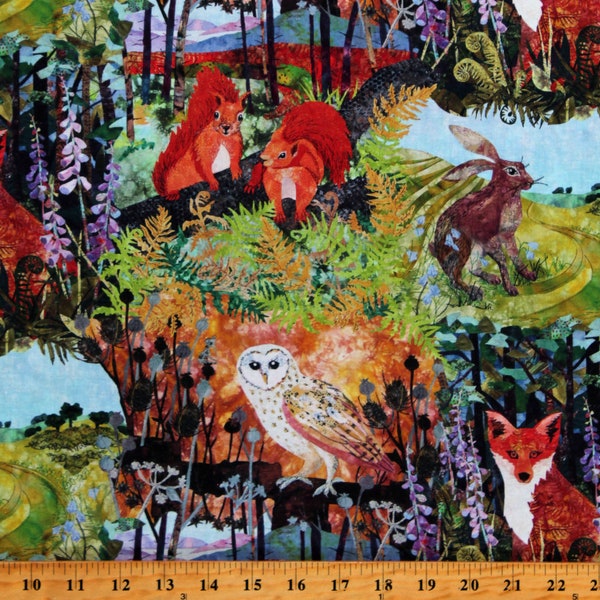 Cotton Woodland Animals Foxes Squirrels Owls Hares Forest Down in the Woods Digital Cotton Fabric Print by the Yard (1508-66) D778.86