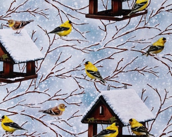 Cotton Goldfinches in Winter Birds Birdhouses Winter Visitors Blue Cotton Fabric Print by the Yard (AHYD-20028-277WINTER) D408.17