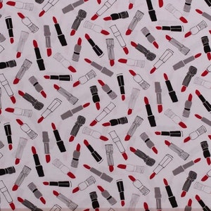 Cotton Lipstick Makeup Fashionista Fashion Cosmetics Smooches White Red Black Cotton Fabric Print by the Yard (05268-09) D678.54