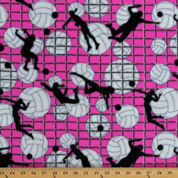 Fleece Volleyballs Players Silhouettes Net Allover on Pink Girls Sports Fleece Fabric Print by the Yard (3474S-10Fpink) A405.23