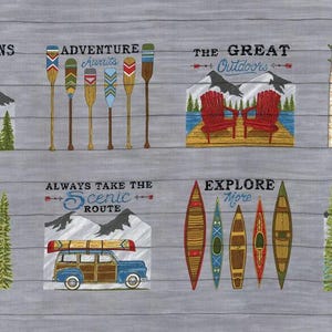 May include: A collection of outdoor-themed art prints on a gray wood-grain background. Each print features nature-inspired imagery, including mountains, canoes, paddles, and cabins, with phrases like "Adventure Awaits" and "Nature is My Happy Place."