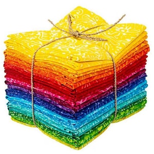 May include: A stack of 20 colorful fabric squares tied together with twine. The fabric is a rainbow of colors, with a yellow square on top and green on the bottom. Each square has a white floral pattern.