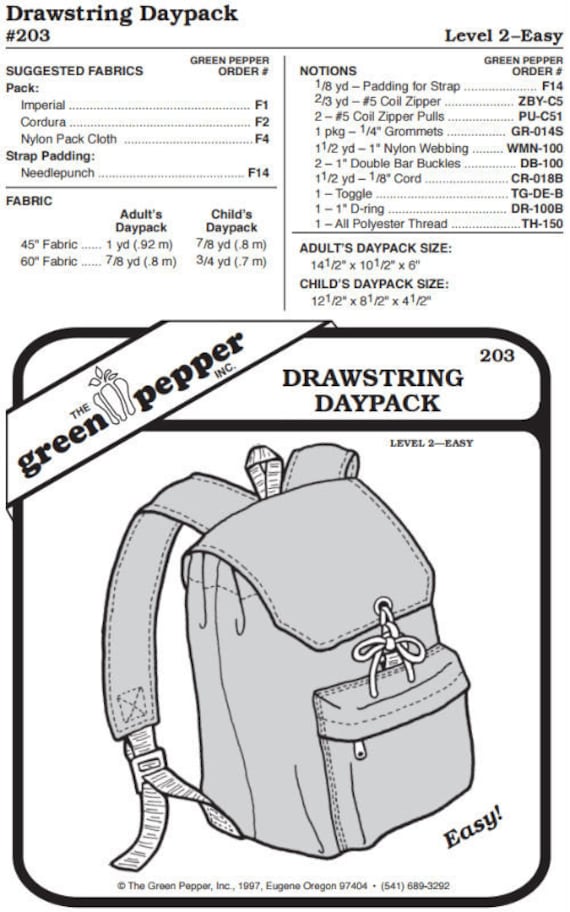 Drawstring Daypack Pattern - 203 - The Green Pepper Patterns Drawstring Daypack Pattern - 203 - The Green Pepper Patterns