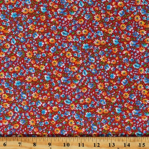 Cotton Flowers Tiny Small Scale Blue and Yellow Floral on Red Floral Cache Cotton Fabric Print by the Yard (1649-28884-R) D143.19