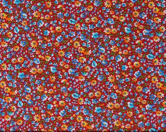 Cotton Flowers Tiny Small Scale Blue and Yellow Floral on Red Floral Cache Cotton Fabric Print by the Yard (1649-28884-R) D143.19