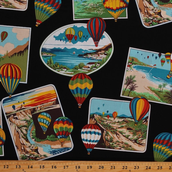 Cotton Hot Air Balloons Photographs Travel Postcards Frames on Black Nicole's Prints Rally Scrapbook Cotton Fabric Print by the Yard D691.19