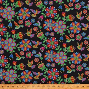 Cotton Hummingbirds Flowers Floral Colorful Beadwork-Look on Black Tucson Cotton Fabric Print by the Yard (640BLACK) D363.05