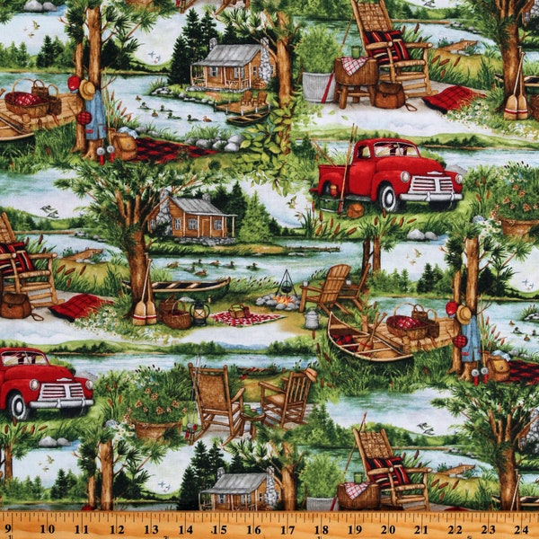 Cotton Down by the Lake Log Cabin Picnic Camping Vacation Travel Multicolor Cotton Fabric Print by the Yard (3023-39728-723) D510.51