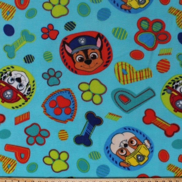 Fleece Paw Patrol Rescue Dogs Chase Marshall Rubble Puppies Paw Prints Bones Kids Blue Fleece Fabric Print by the Yard PW-4134-6Ad A325.13