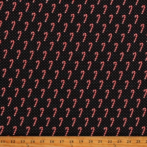 Cotton Candy Canes Wishes Candies Polka Dots Seasonal Winter Christmas Food Treats Black Cotton Fabric Print by Yard (CX9807-BLAC-D) D407.36