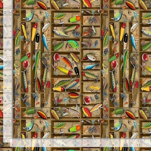 May include: A repeating pattern of colorful fishing lures in a grid-like arrangement. The lures are in various shapes and colors, including red, yellow, green, and blue. The background features a vintage newspaper print.