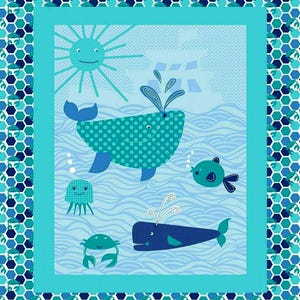 May include: A blue and white illustrated baby blanket with a whale, a crab, a jellyfish, a fish, and a sun. The background is a light blue with a wavy pattern.